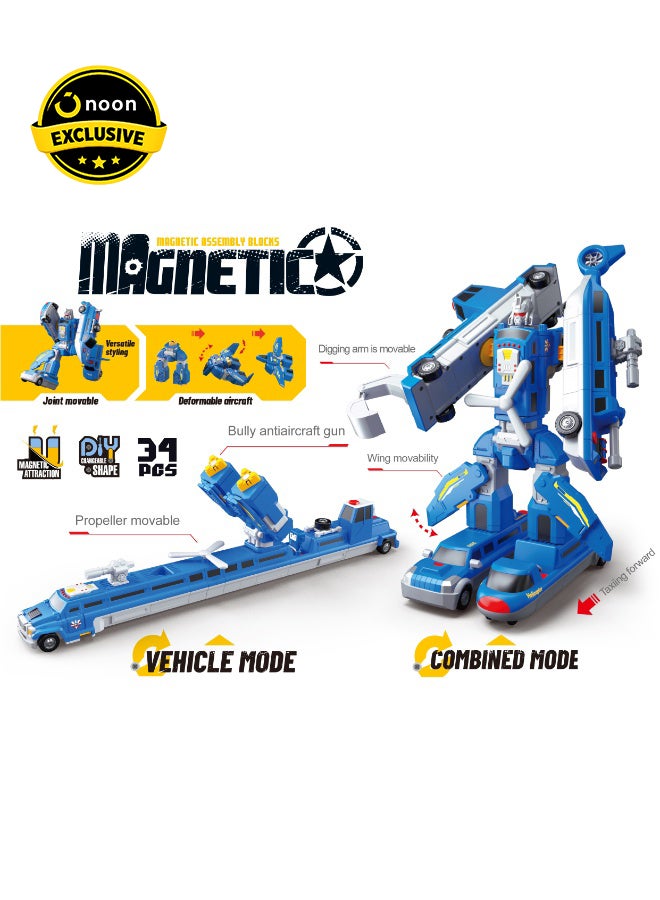 Magni Mates 34-Piece Magnetic DIY Robot Transformer – "City Guard" Warrior Building Set with Storage Box – 9-in-1 STEM Toy Featuring Police Car, Helicopter, Tank & Boat for Kids 3+ - Image 1